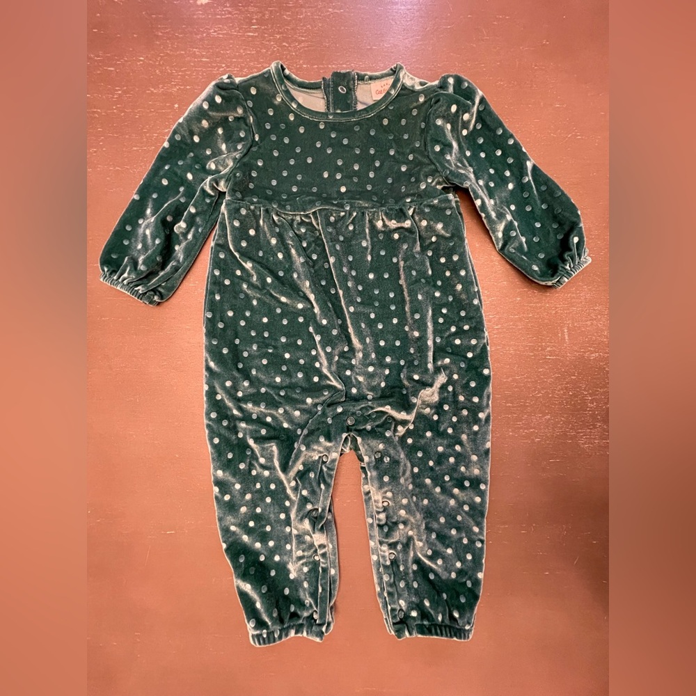 Cat & Jack Dark Green Velvet Embossed Polka Dot Snap Romper